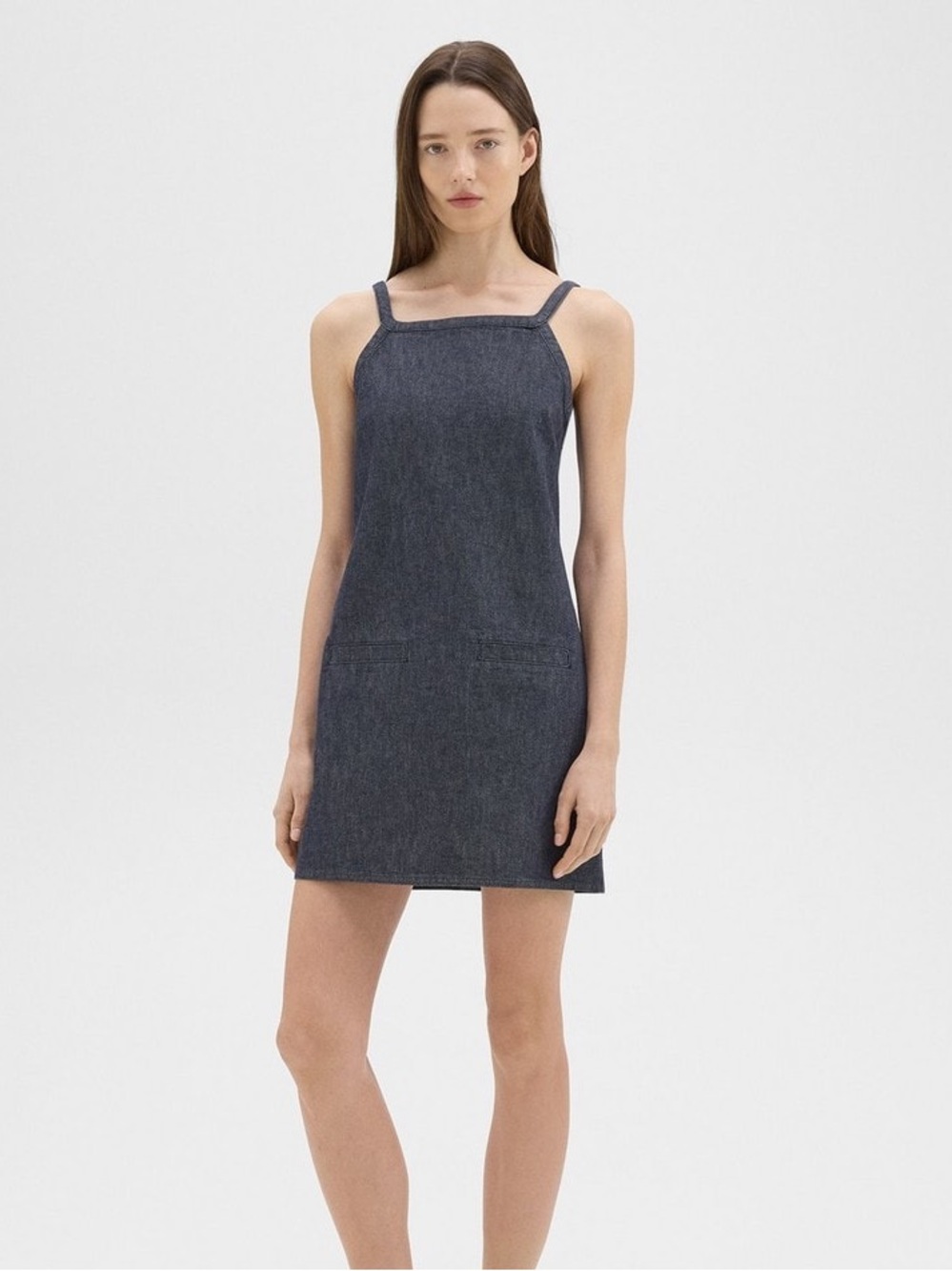 Theory Square-Neck Mini Dress in Crisp Denim 100% Cotton Size 2